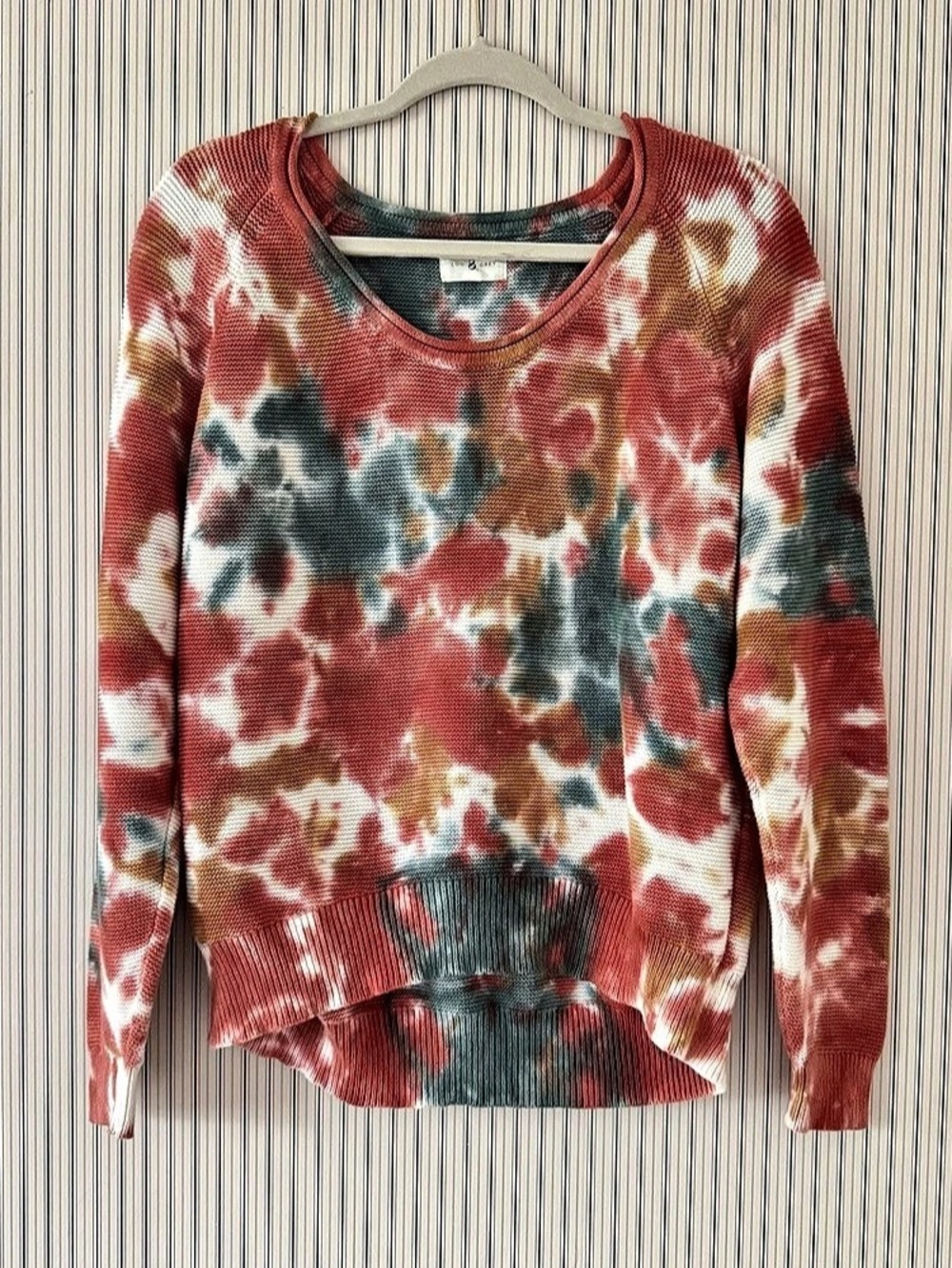 Lou & Grey S Tie Dye Knit Sweater Rust Teal Earthy Boho Scoop Neck 100% Cotton